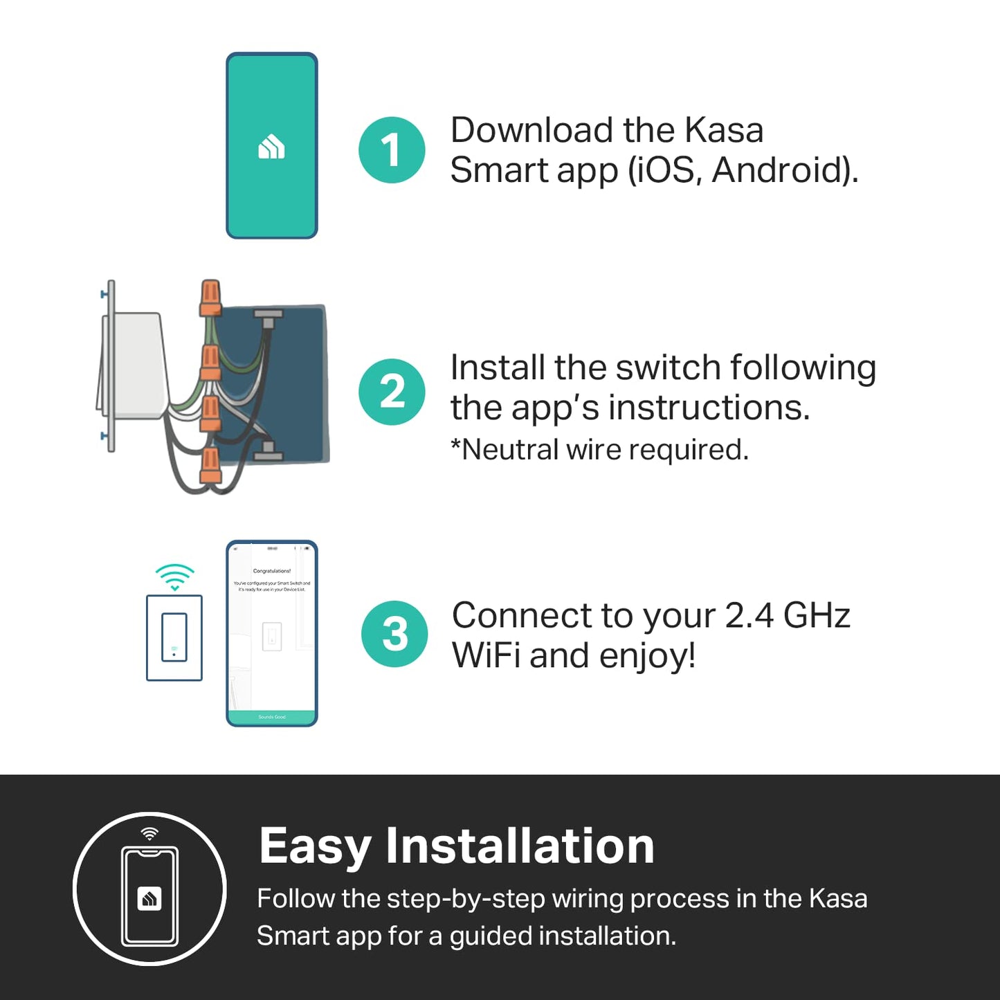Kasa Smart Kasa Apple HomeKit Smart Light Switch KS200P3, Single Pole, Neutral Wire Required, 2.4GHz Wi-Fi Light Switch Works with Siri, Alexa & Google Home,UL Certified, No Hub Required,White, 3-Pack