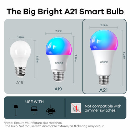 Linkind Matter Smart Light Bulb,1600LM 100W Smart Bulbs Work with Alexa/Apple Home/Google Home/SmartThings, RGBTW LED Color Changing Bulbs Music Sync, 2.4GHz Wi-Fi Light Bulbs LED 11W, A21 E26, 2Pack