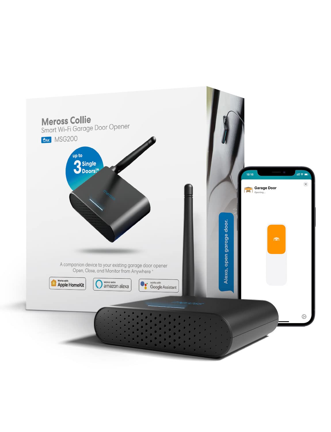 meross Smart Garage Door Opener Remote, Compatible with Apple HomeKit, Siri, CarPlay, Alexa, Google, SmartThings, and Android, Universal WiFi Garage Door Controller, App + Voice Control, No Hub Needed