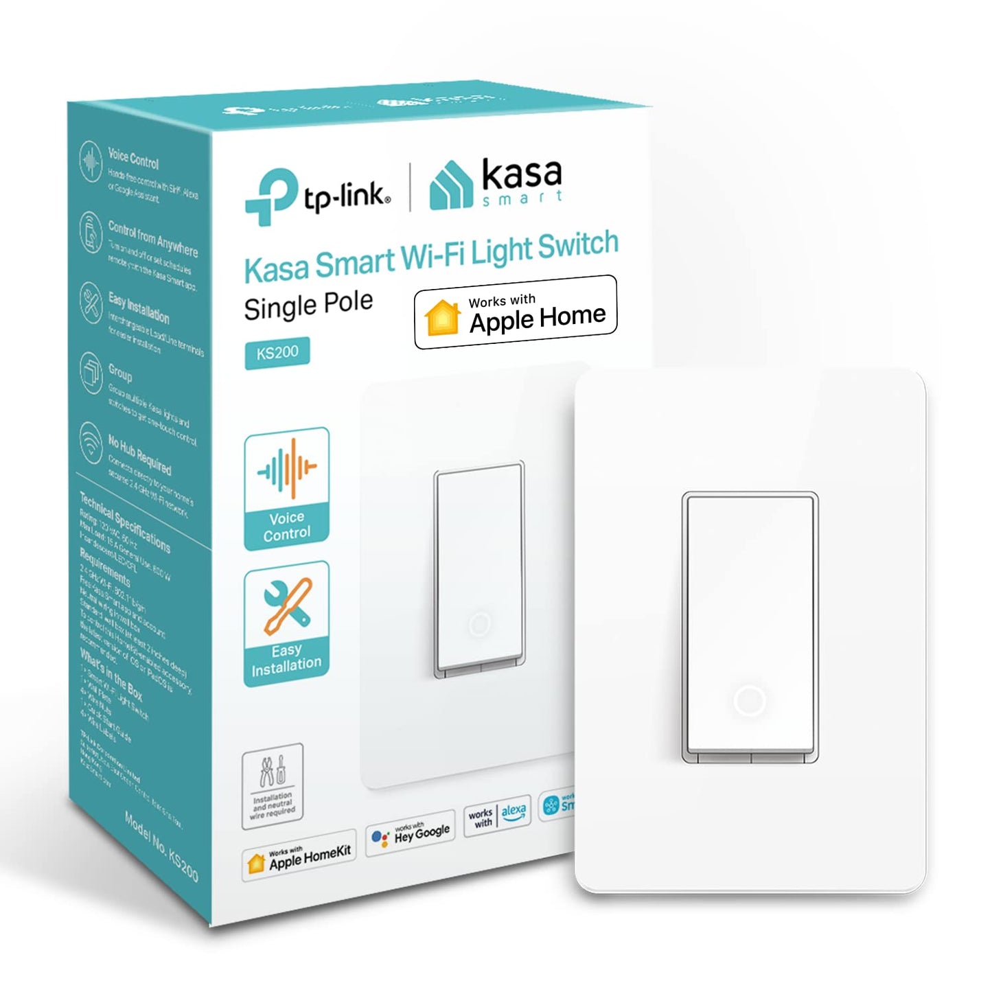 Kasa Smart Kasa Apple HomeKit Smart Light Switch KS200P3, Single Pole, Neutral Wire Required, 2.4GHz Wi-Fi Light Switch Works with Siri, Alexa & Google Home,UL Certified, No Hub Required,White, 3-Pack