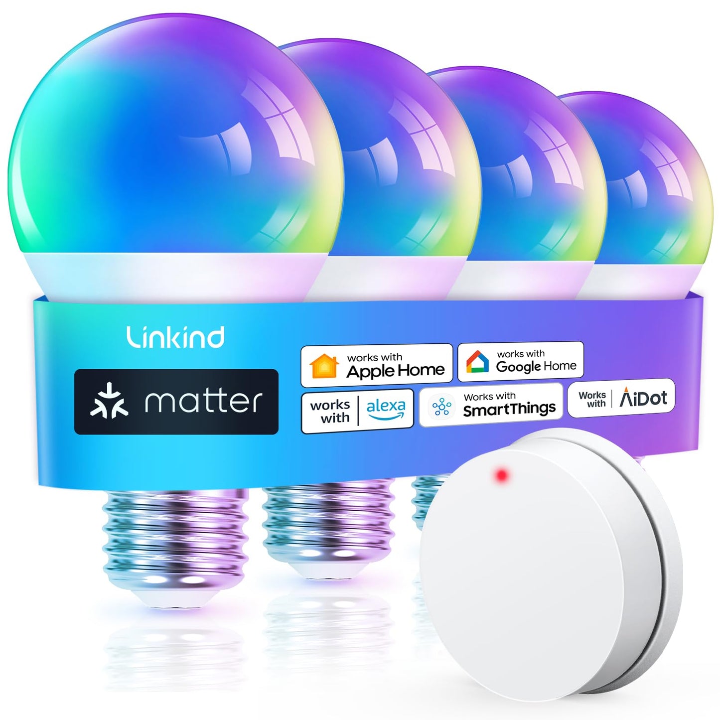 Linkind Matter Smart Light Bulb,1600LM 100W Smart Bulbs Work with Alexa/Apple Home/Google Home/SmartThings, RGBTW LED Color Changing Bulbs Music Sync, 2.4GHz Wi-Fi Light Bulbs LED 11W, A21 E26, 2Pack