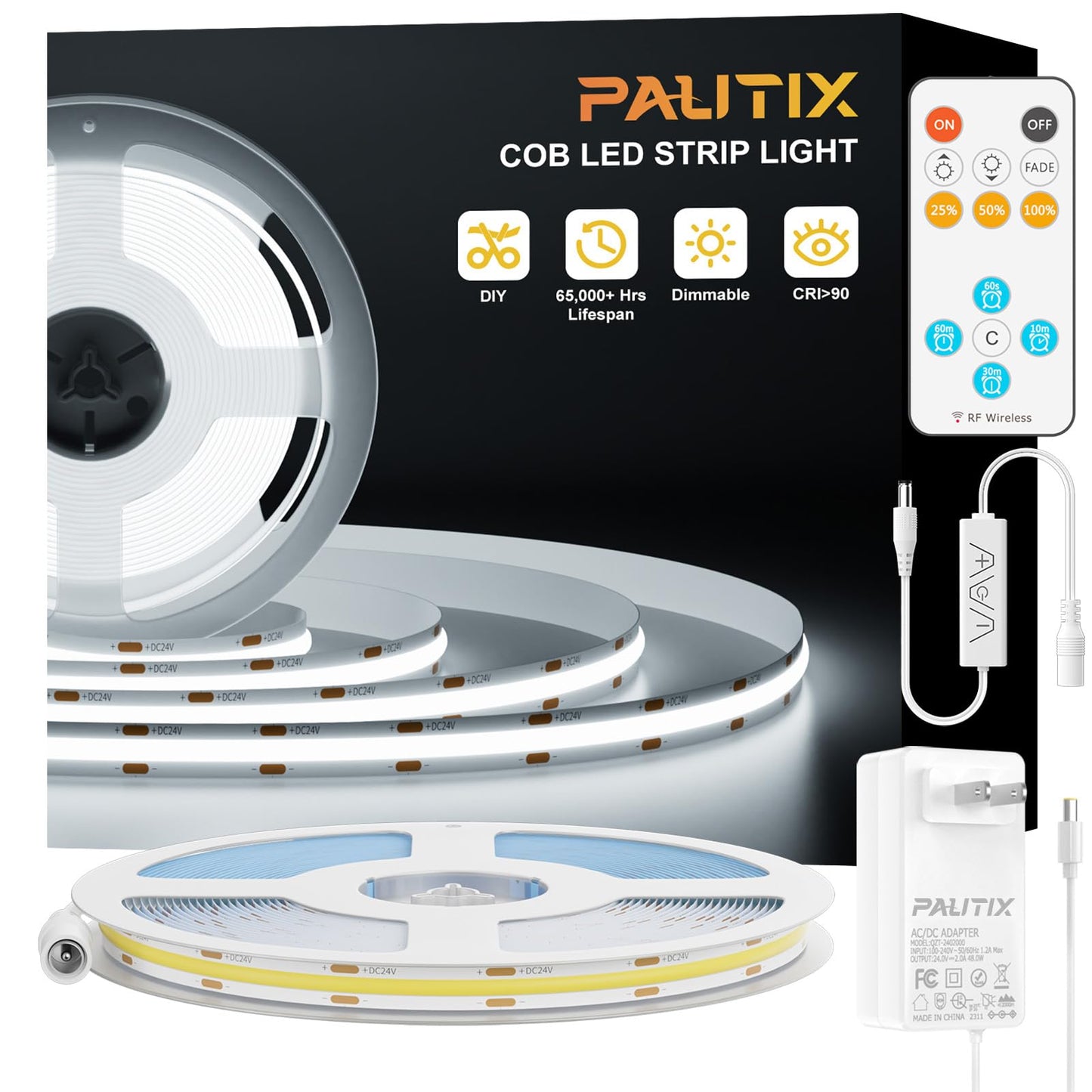 PAUTIX COB LED Strip Light 32.8ft,LED Lights UL-Listed Daylight White 6000K Strip Lights with RF Remote,Dimmable Super Bright 24V Cool White Natural White LED Tape Lights,Cabinet Office Lighting