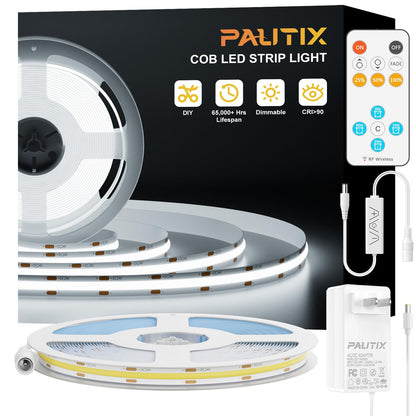 PAUTIX COB LED Strip Light 32.8ft,LED Lights UL-Listed Daylight White 6000K Strip Lights with RF Remote,Dimmable Super Bright 24V Cool White Natural White LED Tape Lights,Cabinet Office Lighting