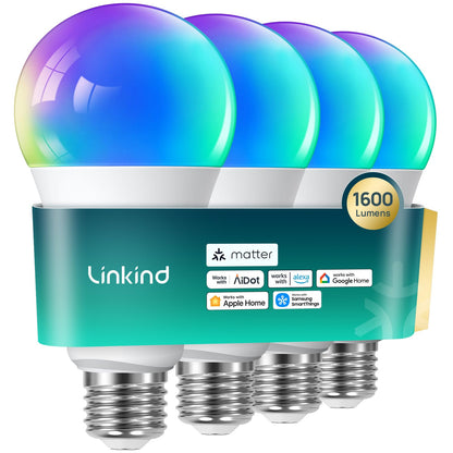Linkind Matter Smart Light Bulb,1600LM 100W Smart Bulbs Work with Alexa/Apple Home/Google Home/SmartThings, RGBTW LED Color Changing Bulbs Music Sync, 2.4GHz Wi-Fi Light Bulbs LED 11W, A21 E26, 2Pack