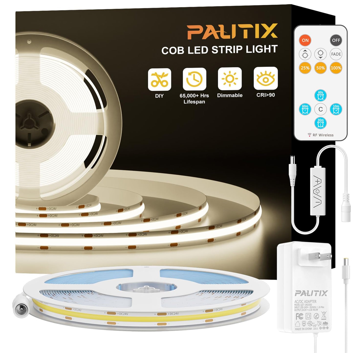 PAUTIX COB LED Strip Light 32.8ft,LED Lights UL-Listed Daylight White 6000K Strip Lights with RF Remote,Dimmable Super Bright 24V Cool White Natural White LED Tape Lights,Cabinet Office Lighting