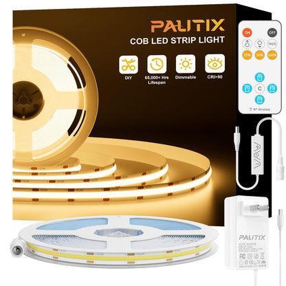 PAUTIX COB LED Strip Light 32.8ft,LED Lights UL-Listed Daylight White 6000K Strip Lights with RF Remote,Dimmable Super Bright 24V Cool White Natural White LED Tape Lights,Cabinet Office Lighting