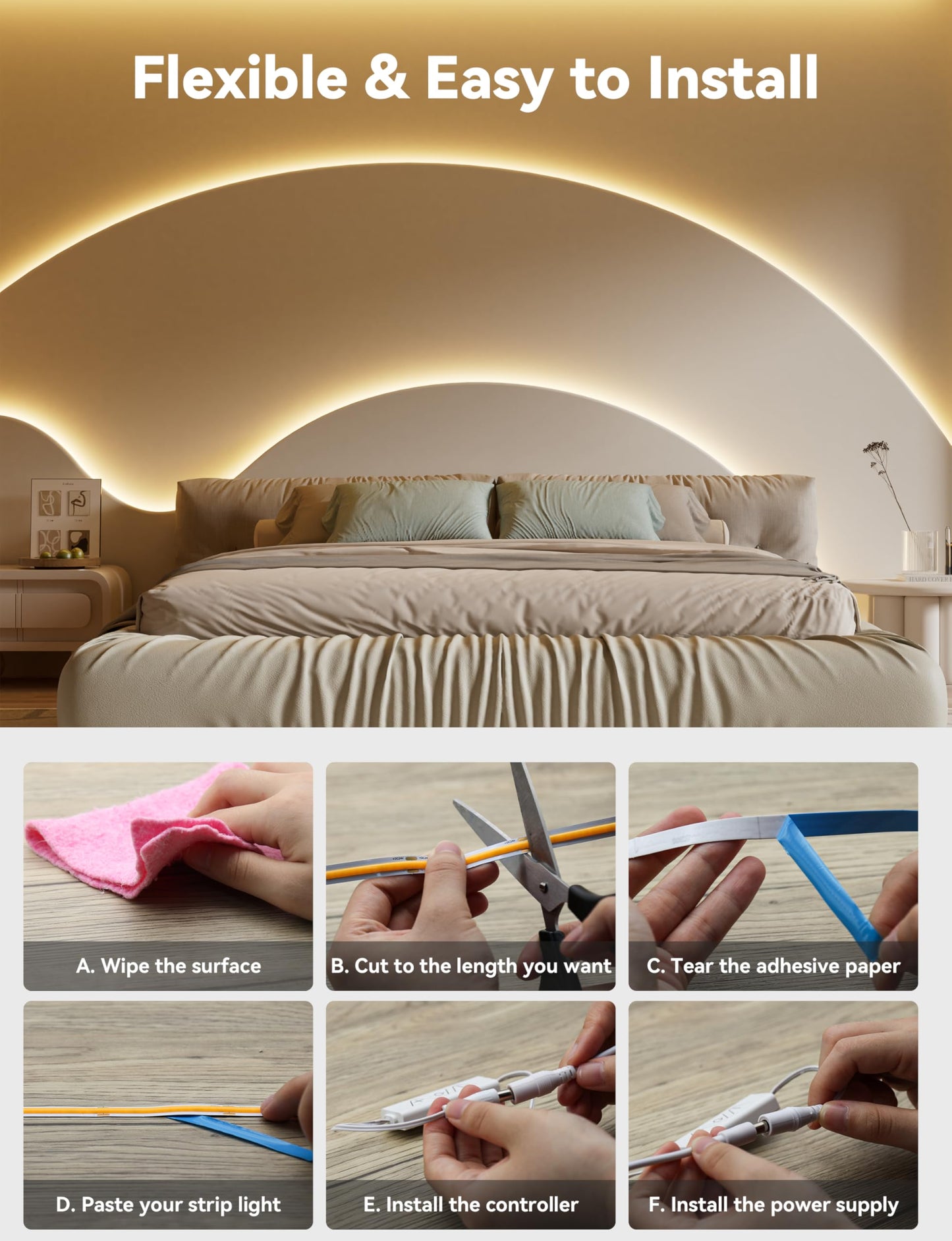 PAUTIX COB LED Strip Light 32.8ft,LED Lights UL-Listed Daylight White 6000K Strip Lights with RF Remote,Dimmable Super Bright 24V Cool White Natural White LED Tape Lights,Cabinet Office Lighting