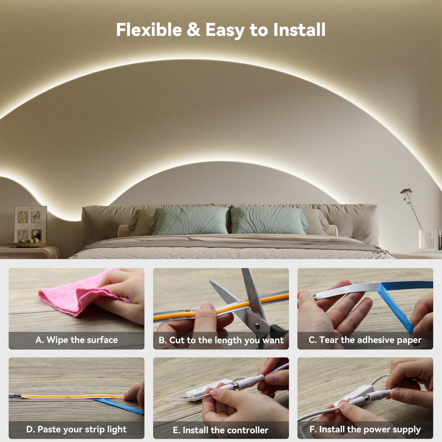 PAUTIX COB LED Strip Light 32.8ft,LED Lights UL-Listed Daylight White 6000K Strip Lights with RF Remote,Dimmable Super Bright 24V Cool White Natural White LED Tape Lights,Cabinet Office Lighting