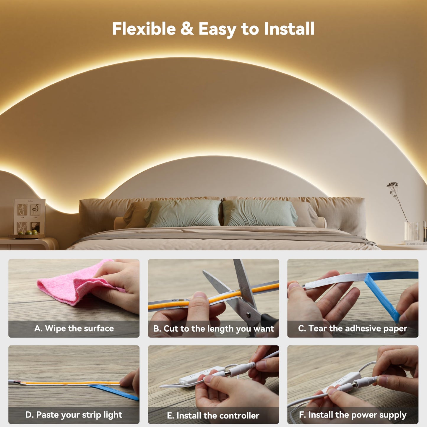 PAUTIX COB LED Strip Light 32.8ft,LED Lights UL-Listed Daylight White 6000K Strip Lights with RF Remote,Dimmable Super Bright 24V Cool White Natural White LED Tape Lights,Cabinet Office Lighting