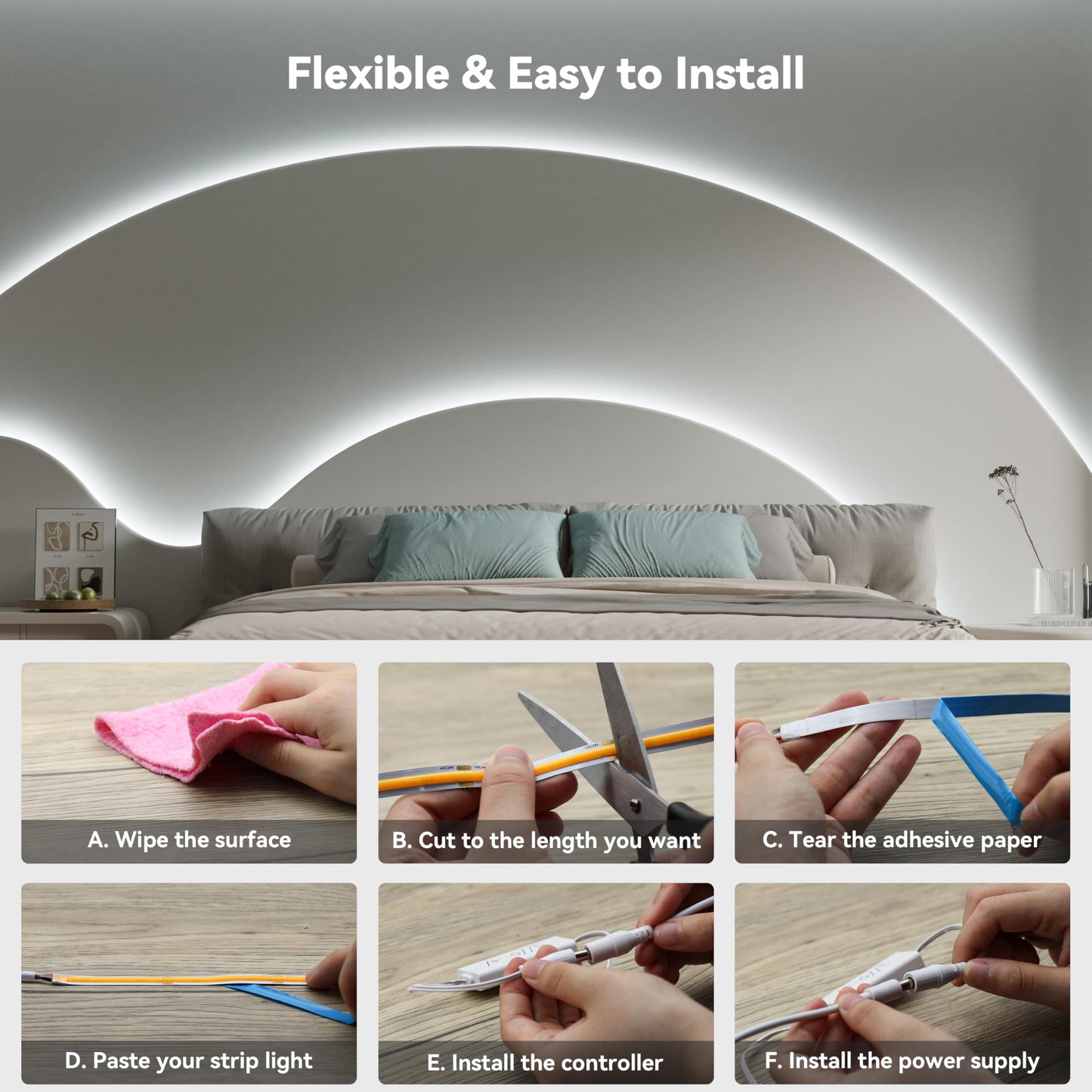 PAUTIX COB LED Strip Light 32.8ft,LED Lights UL-Listed Daylight White 6000K Strip Lights with RF Remote,Dimmable Super Bright 24V Cool White Natural White LED Tape Lights,Cabinet Office Lighting